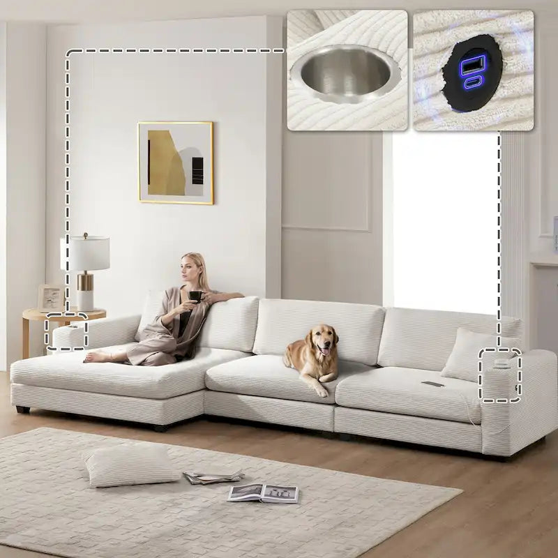 Oversized Corduroy Sectional Sofa,L Shaped Deep Seating Cloud Couch