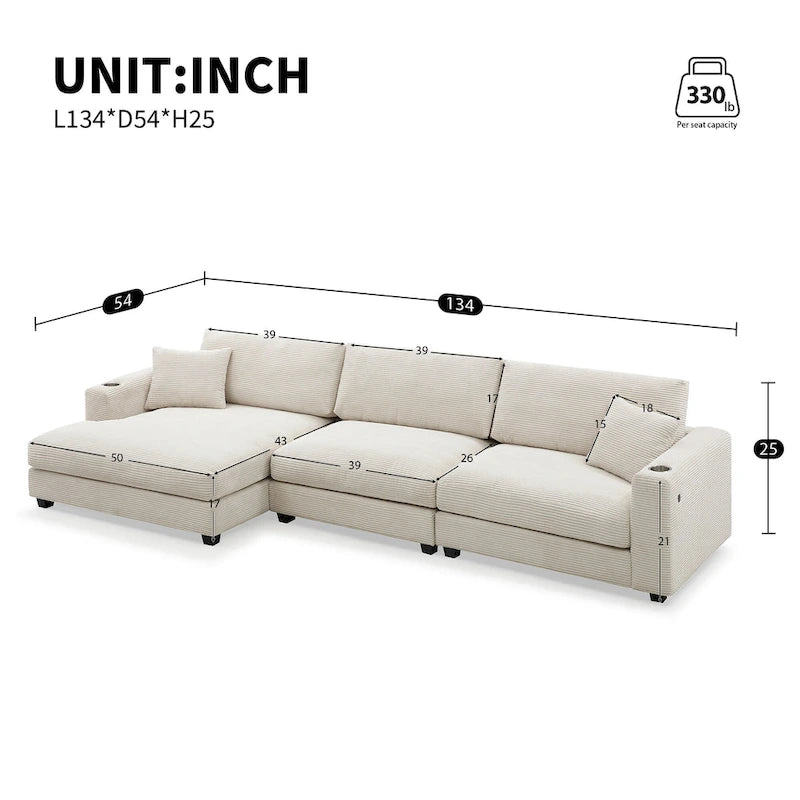 Oversized Corduroy Sectional Sofa,L Shaped Deep Seating Cloud Couch