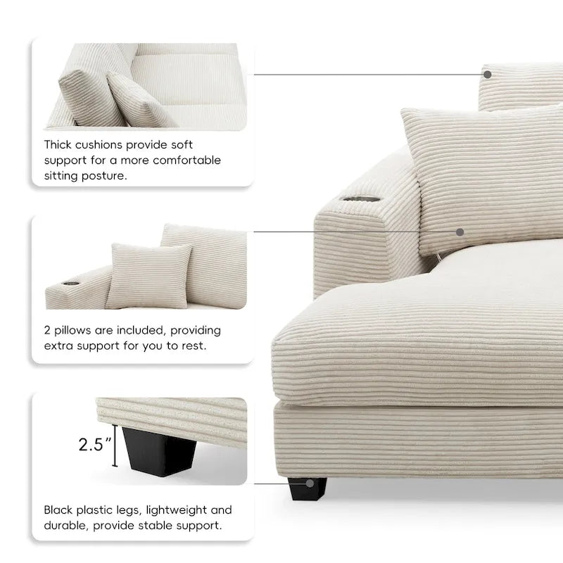 Oversized Corduroy Sectional Sofa,L Shaped Deep Seating Cloud Couch