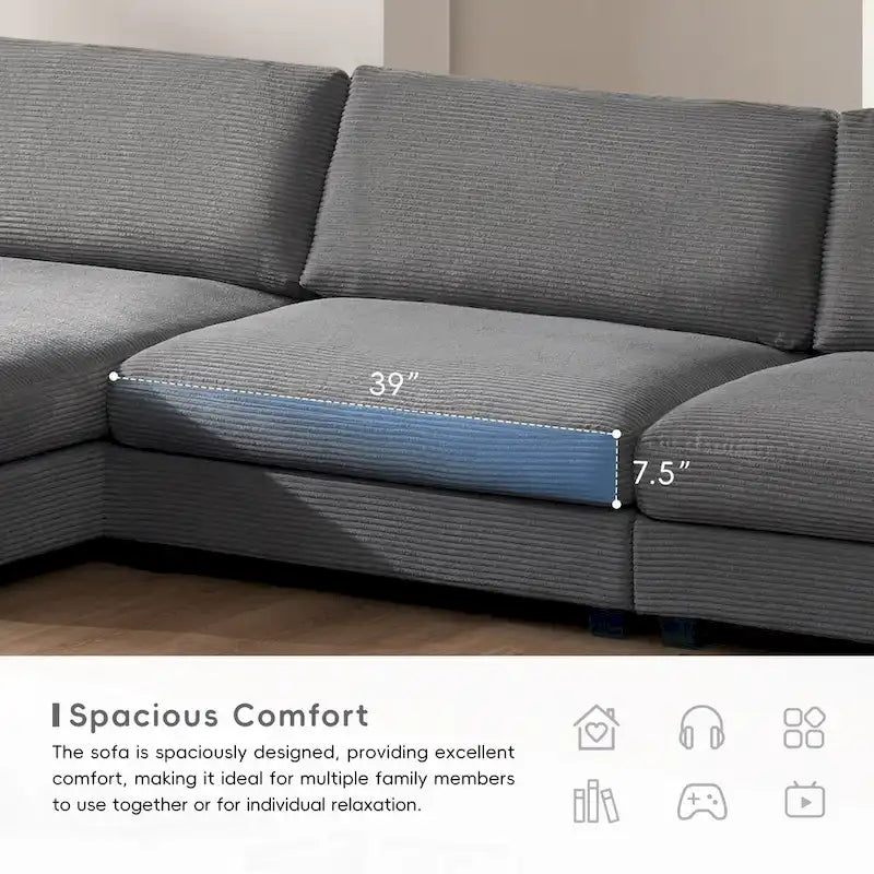 Oversized Corduroy Sectional Sofa,L Shaped Deep Seating Cloud Couch