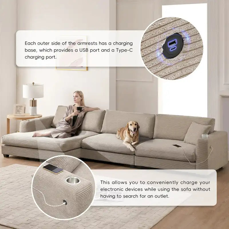 Oversized Corduroy Sectional Sofa,L Shaped Deep Seating Cloud Couch