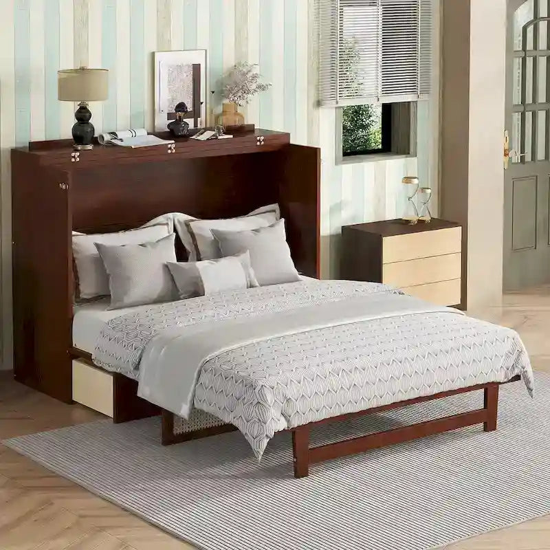Queen Size Murphy Bed, Pine Wood Cabinet Bed with Rattan Decoration and Storage Drawer,Walnut