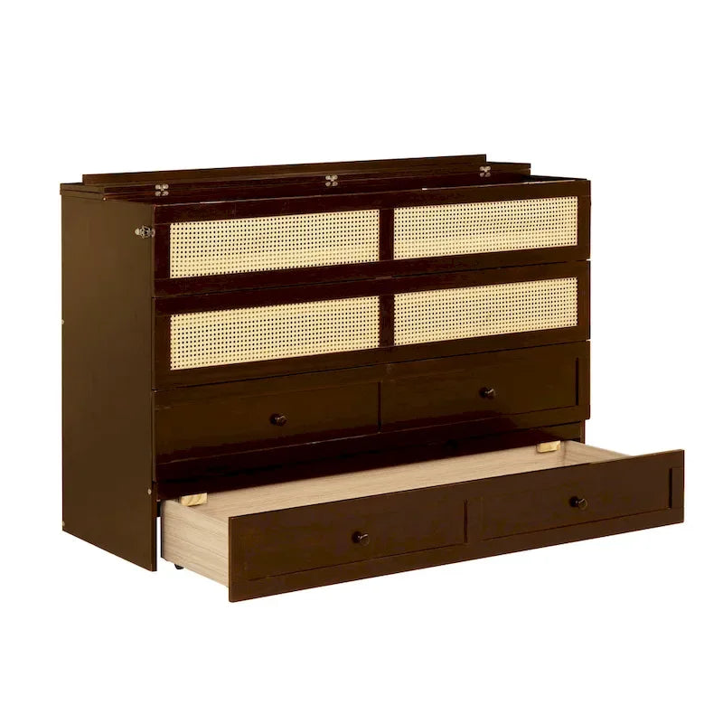 Queen Size Murphy Bed, Pine Wood Cabinet Bed with Rattan Decoration and Storage Drawer,Walnut