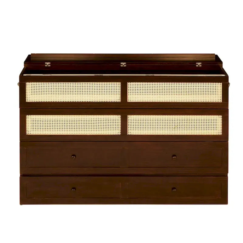 Queen Size Murphy Bed, Pine Wood Cabinet Bed with Rattan Decoration and Storage Drawer,Walnut