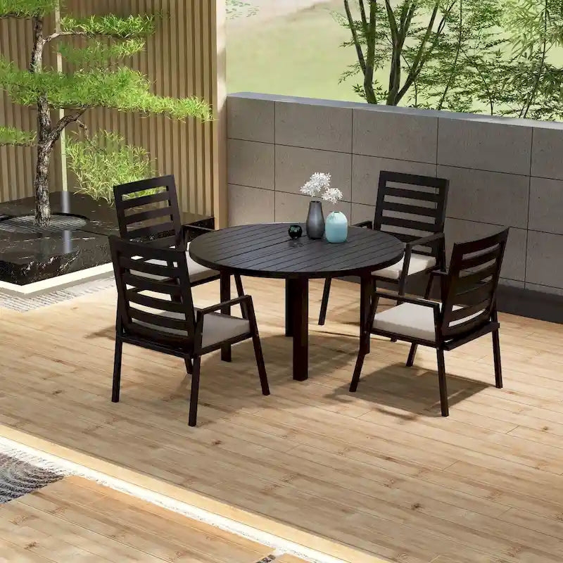 Round Dining Table Powder-Coated Aluminum Top with Slatted Design and Umbrella Hole for Family Gatherings & Parties