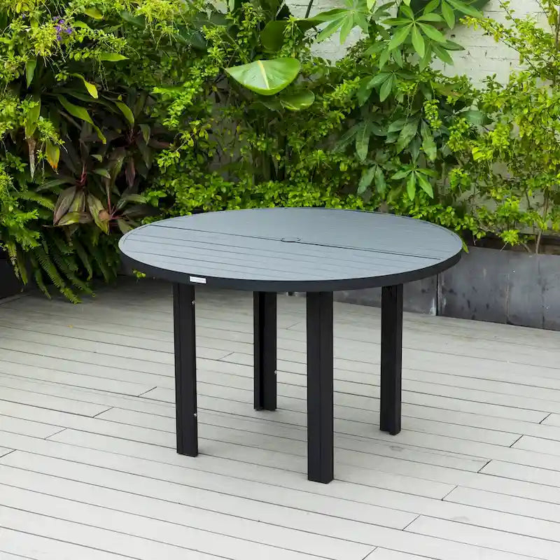Round Dining Table Powder-Coated Aluminum Top with Slatted Design and Umbrella Hole for Family Gatherings & Parties