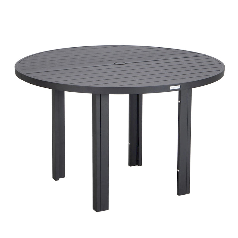 Round Dining Table Powder-Coated Aluminum Top with Slatted Design and Umbrella Hole for Family Gatherings & Parties