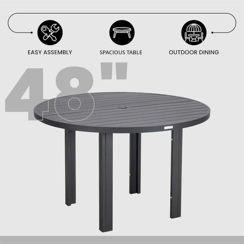 Round Dining Table Powder-Coated Aluminum Top with Slatted Design and Umbrella Hole for Family Gatherings & Parties