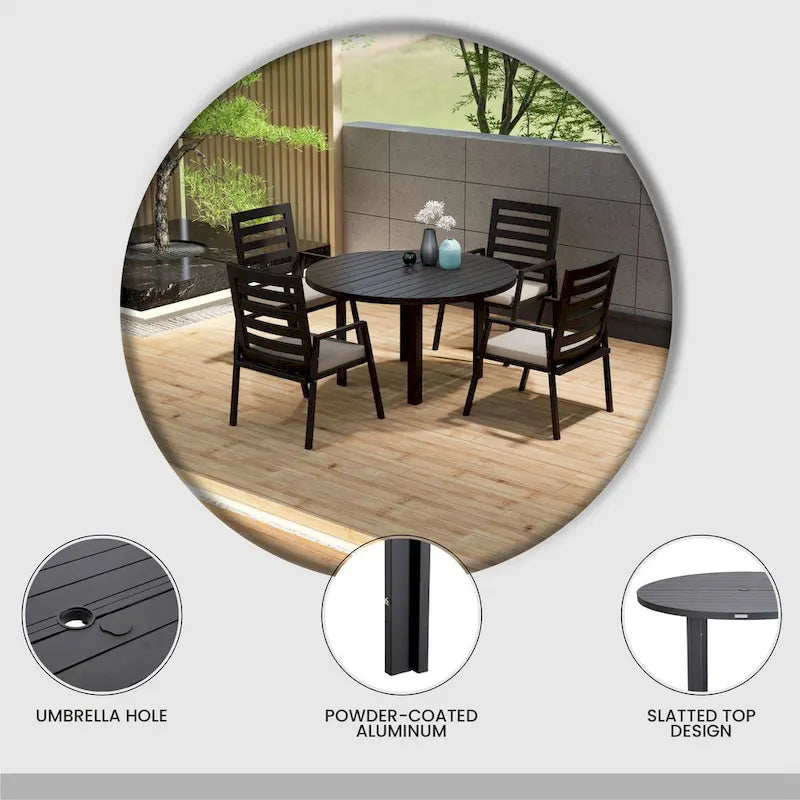 Round Dining Table Powder-Coated Aluminum Top with Slatted Design and Umbrella Hole for Family Gatherings & Parties
