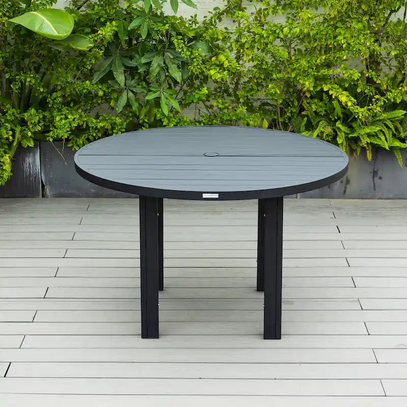 Round Dining Table Powder-Coated Aluminum Top with Slatted Design and Umbrella Hole for Family Gatherings & Parties