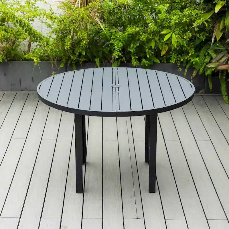 Round Dining Table Powder-Coated Aluminum Top with Slatted Design and Umbrella Hole for Family Gatherings & Parties