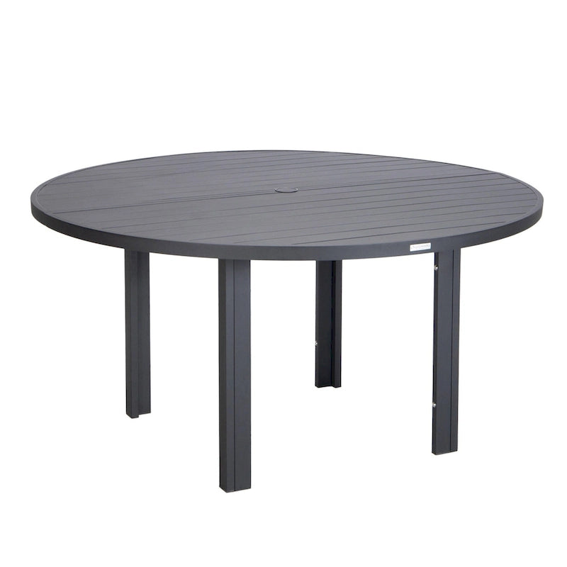 Round Dining Table Powder-Coated Aluminum Top with Slatted Design and Umbrella Hole for Family Gatherings & Parties