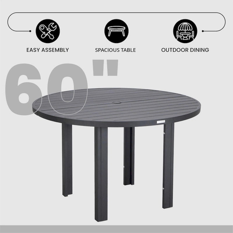 Round Dining Table Powder-Coated Aluminum Top with Slatted Design and Umbrella Hole for Family Gatherings & Parties