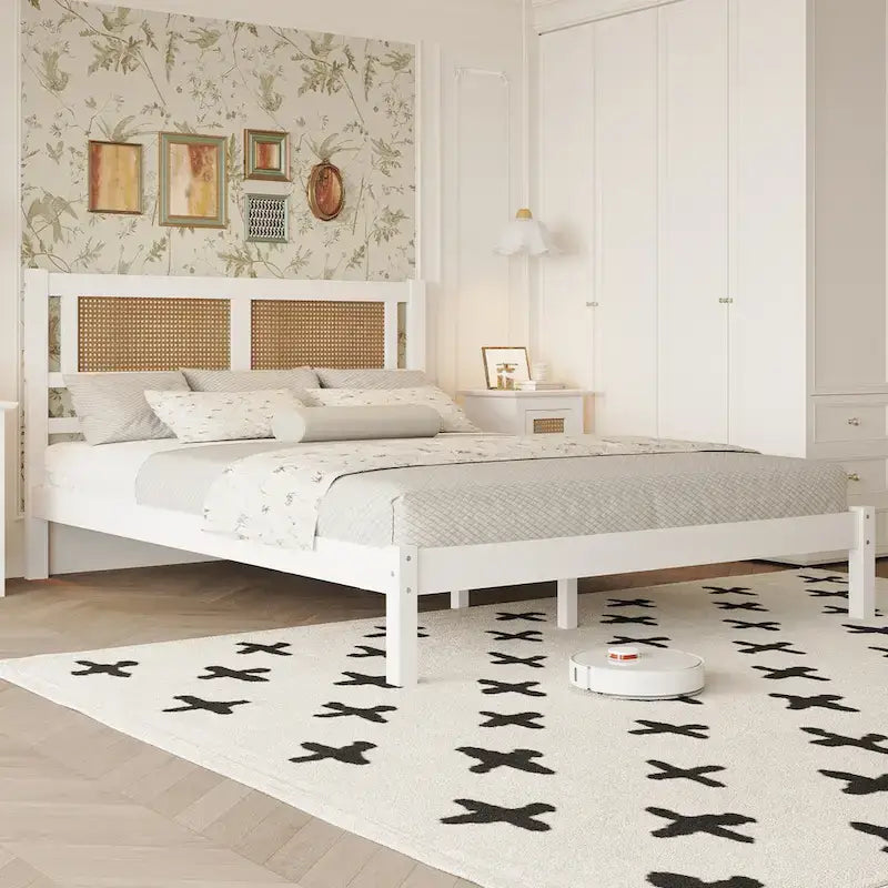 Modern Style Wooden Platform Bed with Natural Rattan Headboard for Bedroom