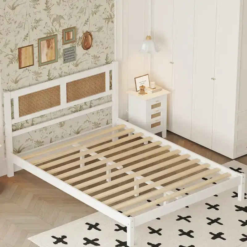 Modern Style Wooden Platform Bed with Natural Rattan Headboard for Bedroom