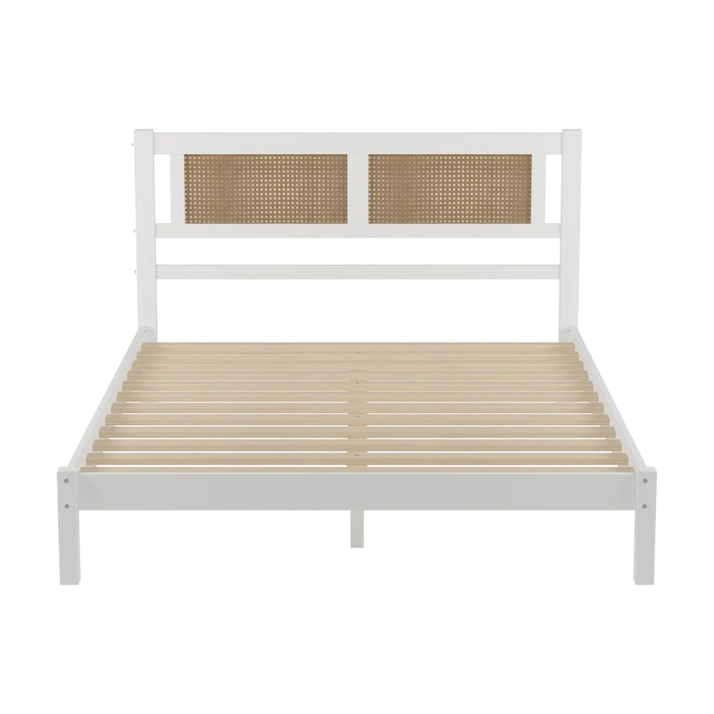 Modern Style Wooden Platform Bed with Natural Rattan Headboard for Bedroom