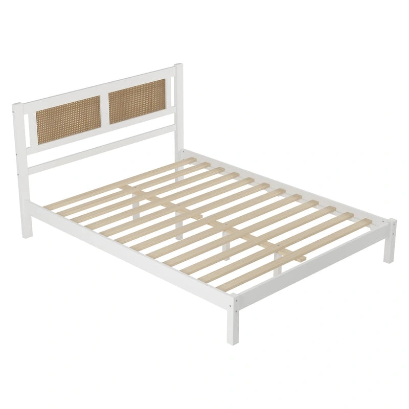 Modern Style Wooden Platform Bed with Natural Rattan Headboard for Bedroom