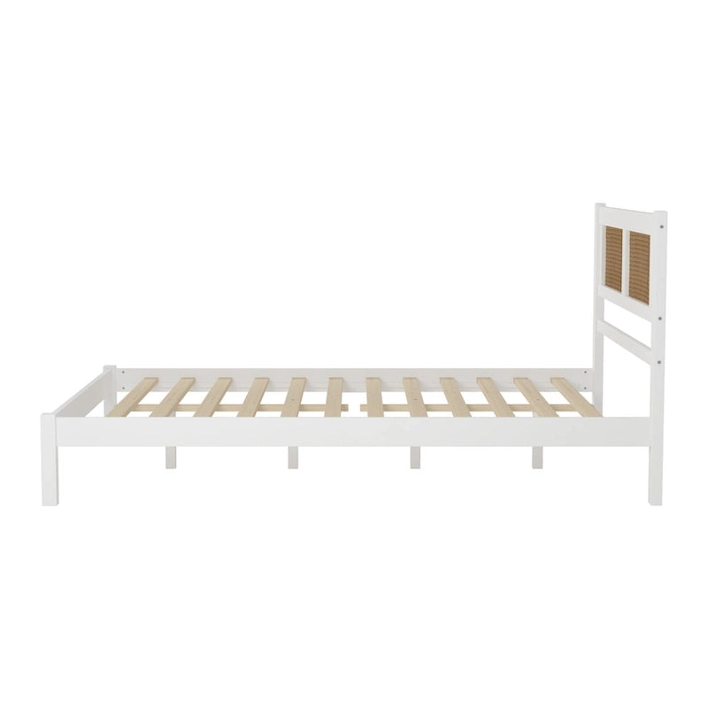 Modern Style Wooden Platform Bed with Natural Rattan Headboard for Bedroom