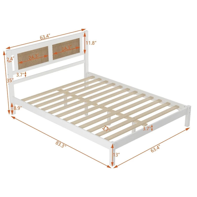 Modern Style Wooden Platform Bed with Natural Rattan Headboard for Bedroom