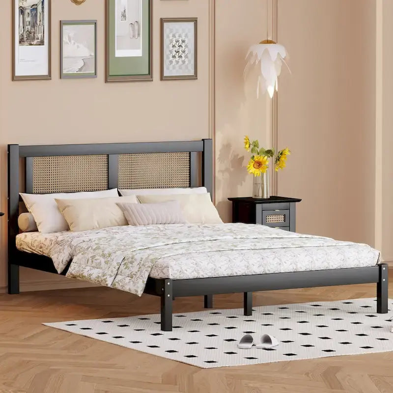 Modern Style Wooden Platform Bed with Natural Rattan Headboard for Bedroom