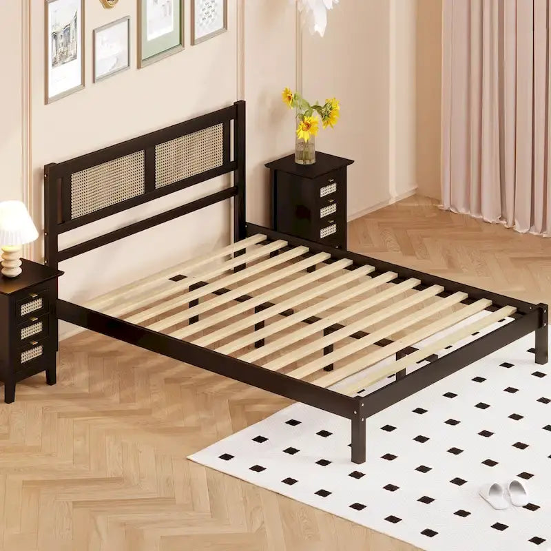 Modern Style Wooden Platform Bed with Natural Rattan Headboard for Bedroom
