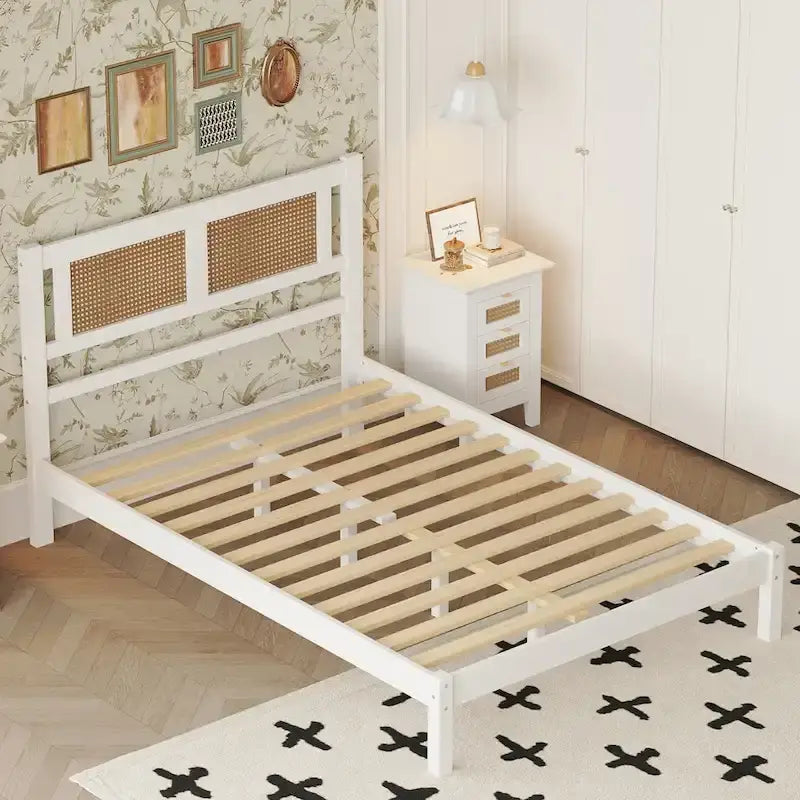 Modern Style Wooden Platform Bed with Natural Rattan Headboard for Bedroom