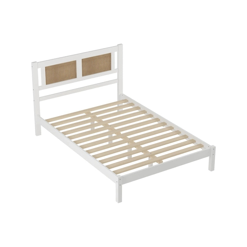 Modern Style Wooden Platform Bed with Natural Rattan Headboard for Bedroom