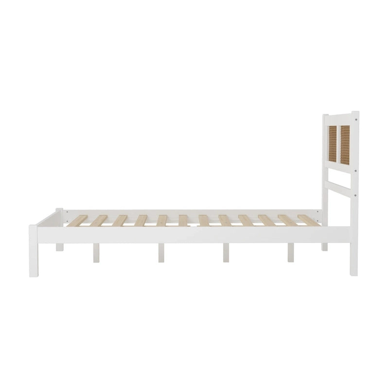 Modern Style Wooden Platform Bed with Natural Rattan Headboard for Bedroom