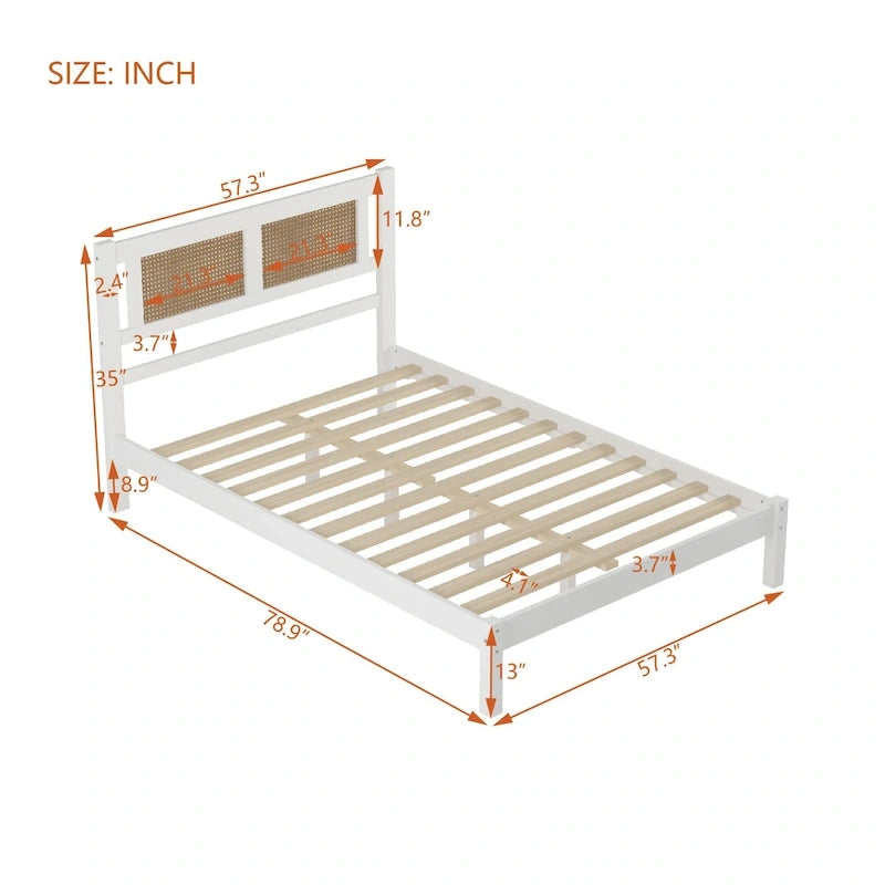 Modern Style Wooden Platform Bed with Natural Rattan Headboard for Bedroom