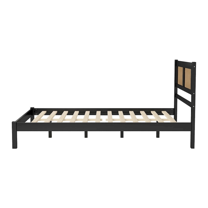 Modern Style Wooden Platform Bed with Natural Rattan Headboard for Bedroom