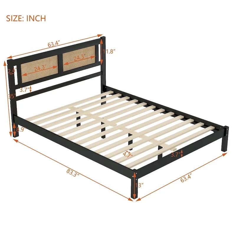 Modern Style Wooden Platform Bed with Natural Rattan Headboard for Bedroom