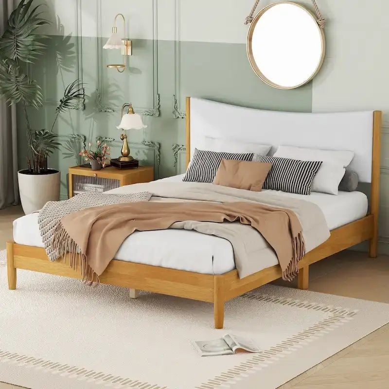 Natural Queen Size Rubber Wooden with Platform Bed Teddy Velvet Cushion Upholstered Headboard