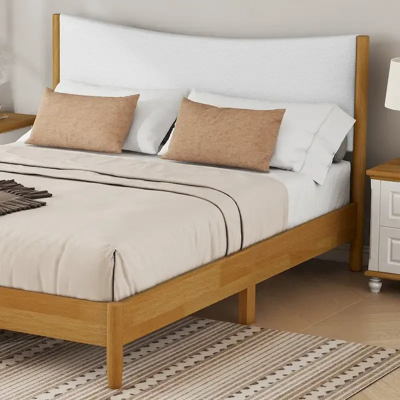 Natural Queen Size Rubber Wooden with Platform Bed Teddy Velvet Cushion Upholstered Headboard