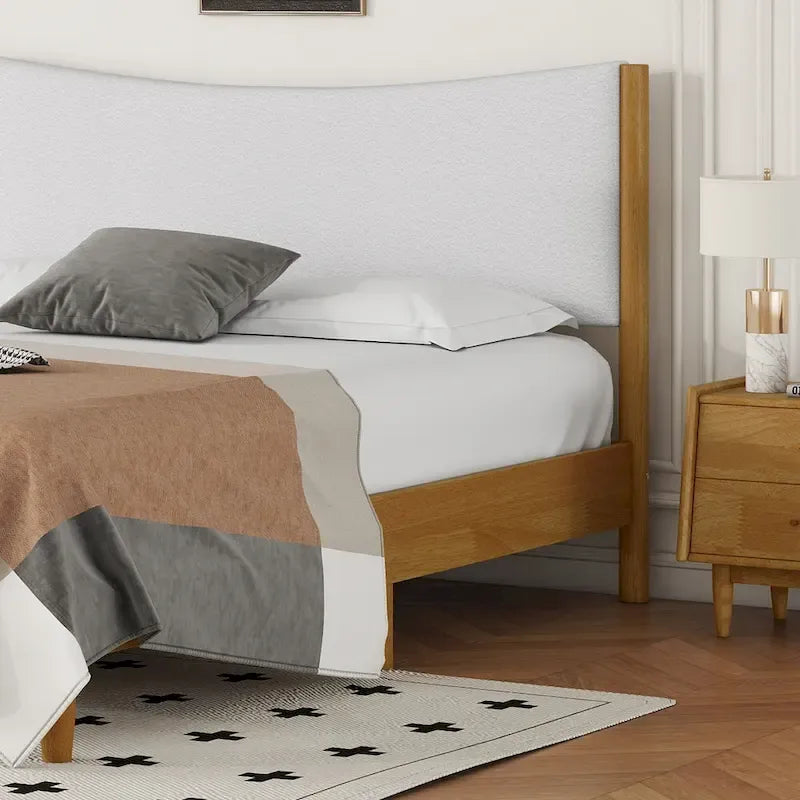 Natural Queen Size Rubber Wooden with Platform Bed Teddy Velvet Cushion Upholstered Headboard