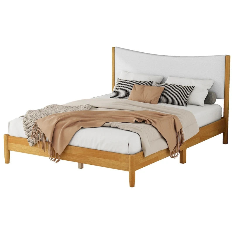 Natural Queen Size Rubber Wooden with Platform Bed Teddy Velvet Cushion Upholstered Headboard
