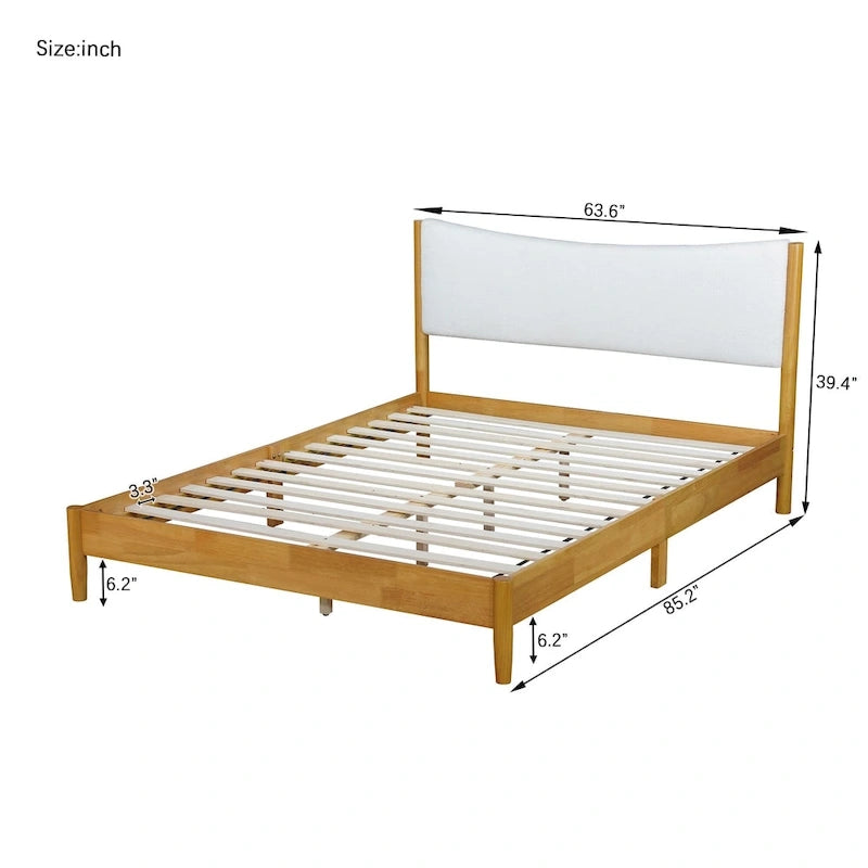 Natural Queen Size Rubber Wooden with Platform Bed Teddy Velvet Cushion Upholstered Headboard