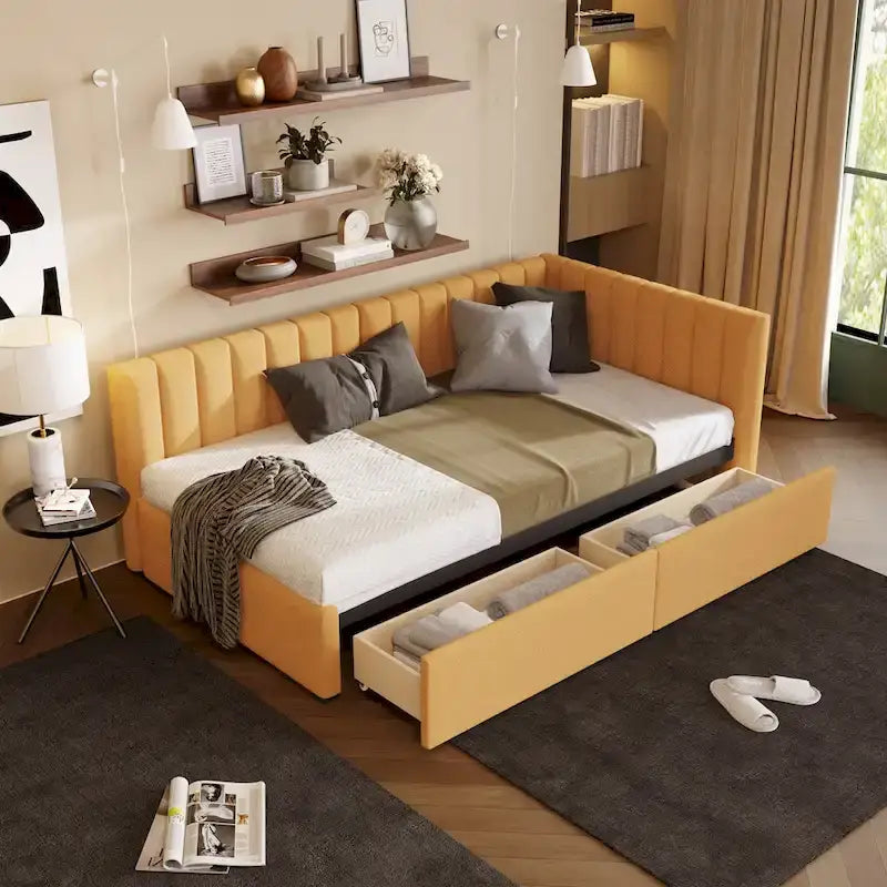 Yellow Linen Twin Upholstered Daybed with Storage Drawers - No Box Spring Required