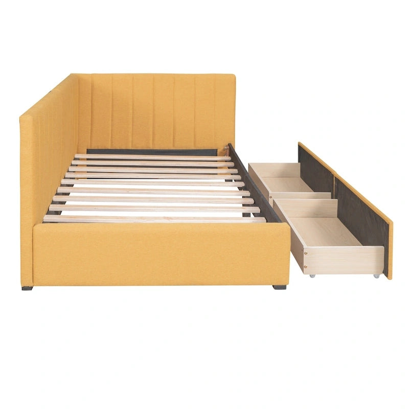 Yellow Linen Twin Upholstered Daybed with Storage Drawers - No Box Spring Required