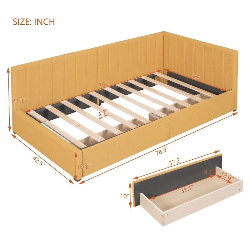 Yellow Linen Twin Upholstered Daybed with Storage Drawers - No Box Spring Required
