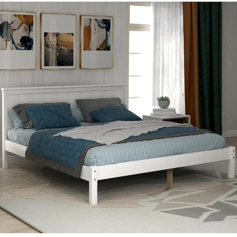 White Full Pine Platform Bed Frame with Headboard - Space-Saving Storage Design
