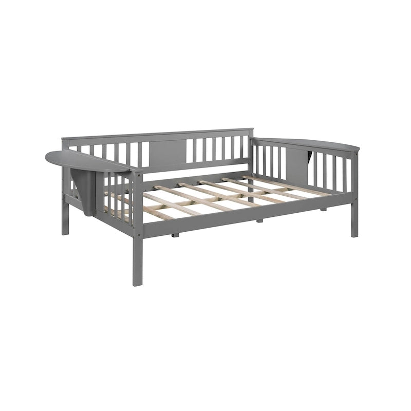 Grey Full Size Wooden Daybed with Storage Rack Handrail - No Box Spring Needed