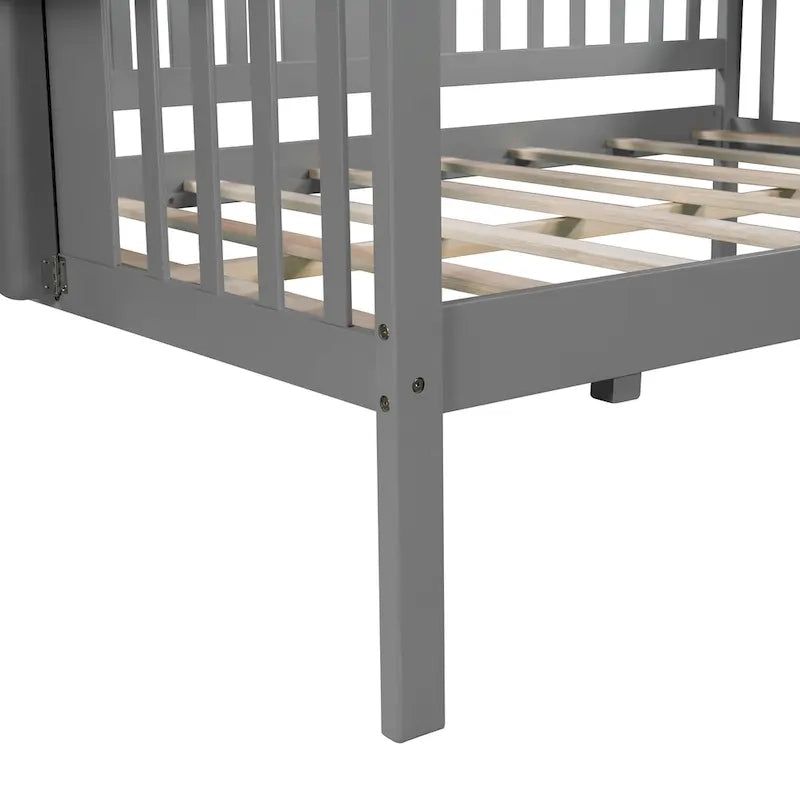 Grey Full Size Wooden Daybed with Storage Rack Handrail - No Box Spring Needed