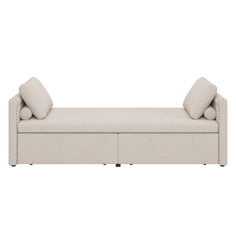Modern 81.5 Linen Upholstered Chaise Lounger Daybed with Pillows and 2 Drawers for Living Room
