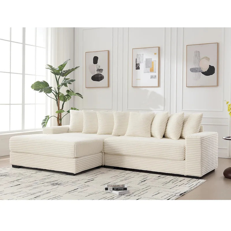 111 Corduroy L-Shaped Sectional Sofa with Left Chaise & 8 Pillows