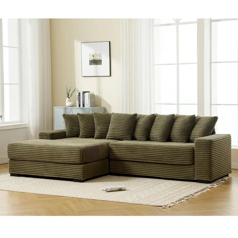 111 Corduroy L-Shaped Sectional Sofa with Left Chaise & 8 Pillows