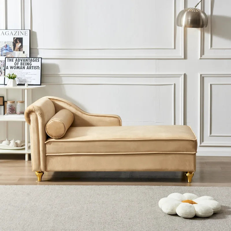 Khaki Modern 60.6 Velvet Upholstered Chaise Lounge Chair with Metal Legs and Storage