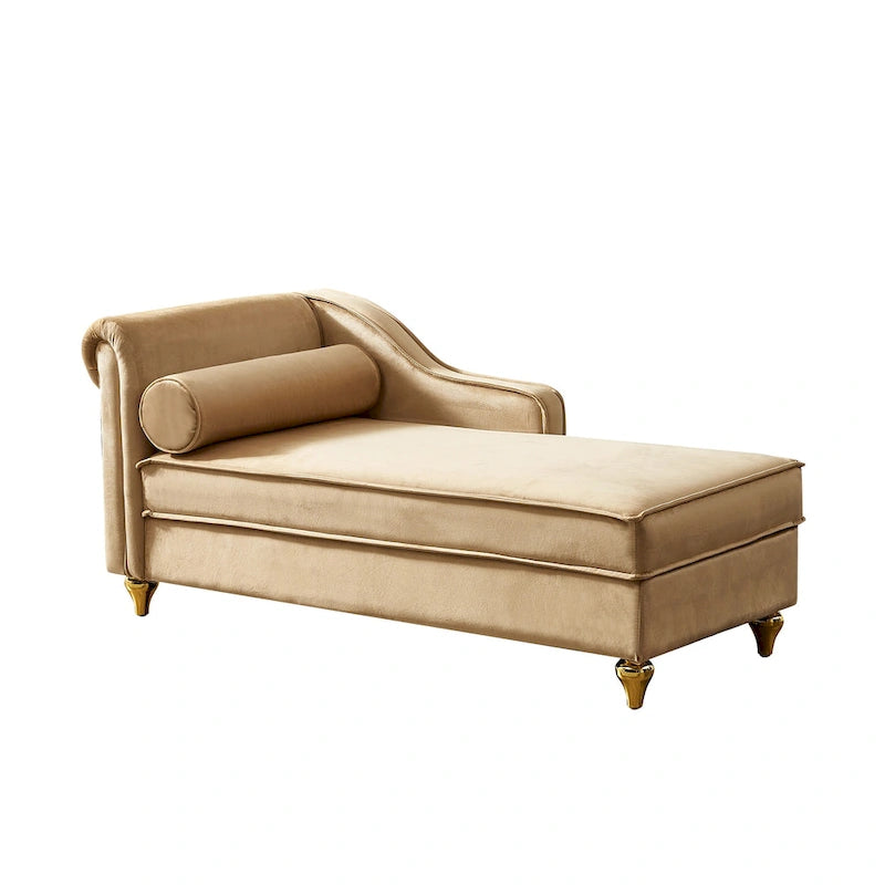 Khaki Modern 60.6 Velvet Upholstered Chaise Lounge Chair with Metal Legs and Storage