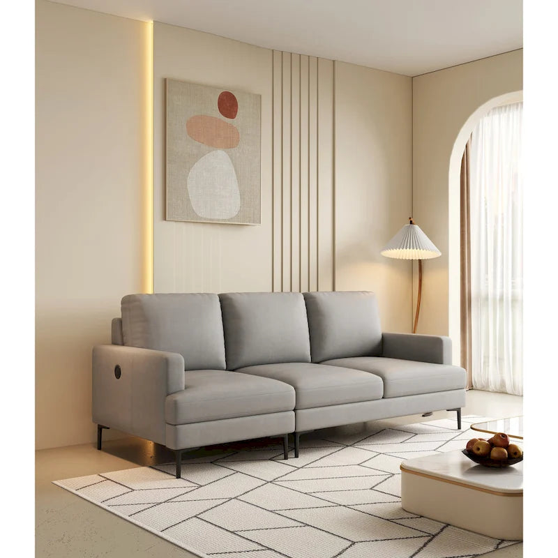 Light Gray Luxury 77 Genuine Leather 3-seater Sofa with USB Charger for Living Room