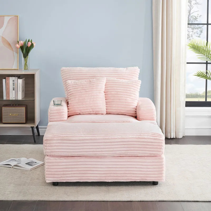 Pink 39.37 Corduroy Upholstered Single Armchair Sofa with Ottoman and Cup Holder for Lving Room