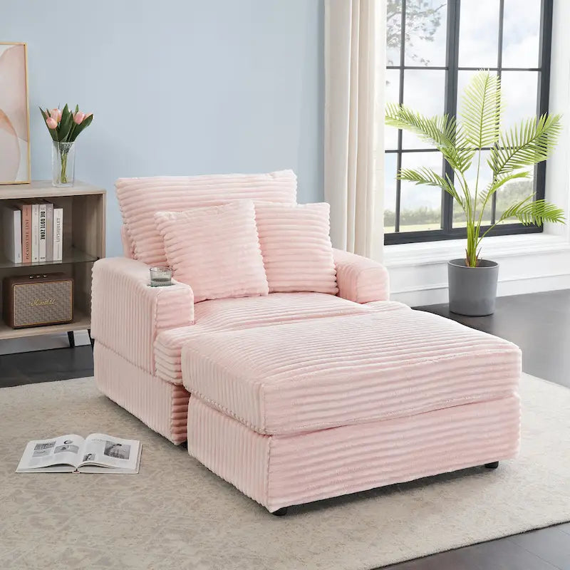 Pink 39.37 Corduroy Upholstered Single Armchair Sofa with Ottoman and Cup Holder for Lving Room